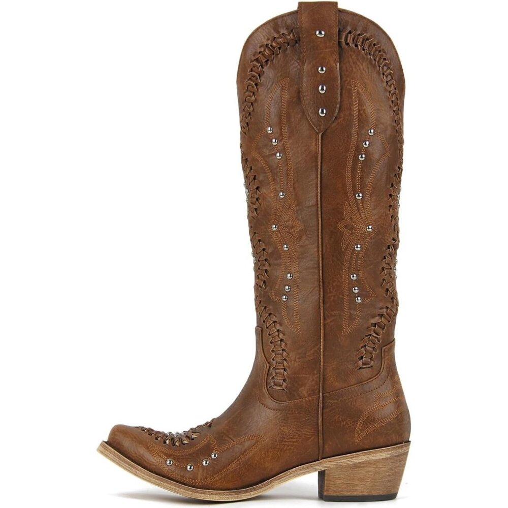 Women's Brown Leather Embroidery Knee High Western Cowgirl Boots Lightweight - Picture 3 of 6